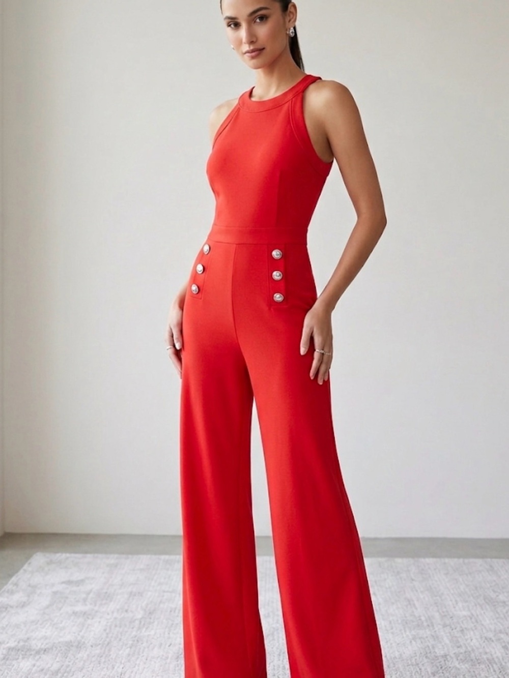 Karl Lagerfeld Paris Red Wide Leg Jumpsuit Sleeveless Button Detail size 4